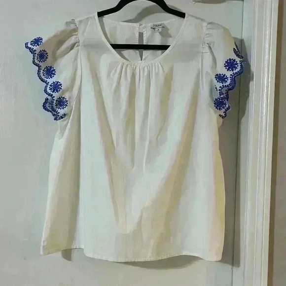 J.Crew White And Blue Embroidered Flutter Sleeve Top Size M - Picture 2 of 9